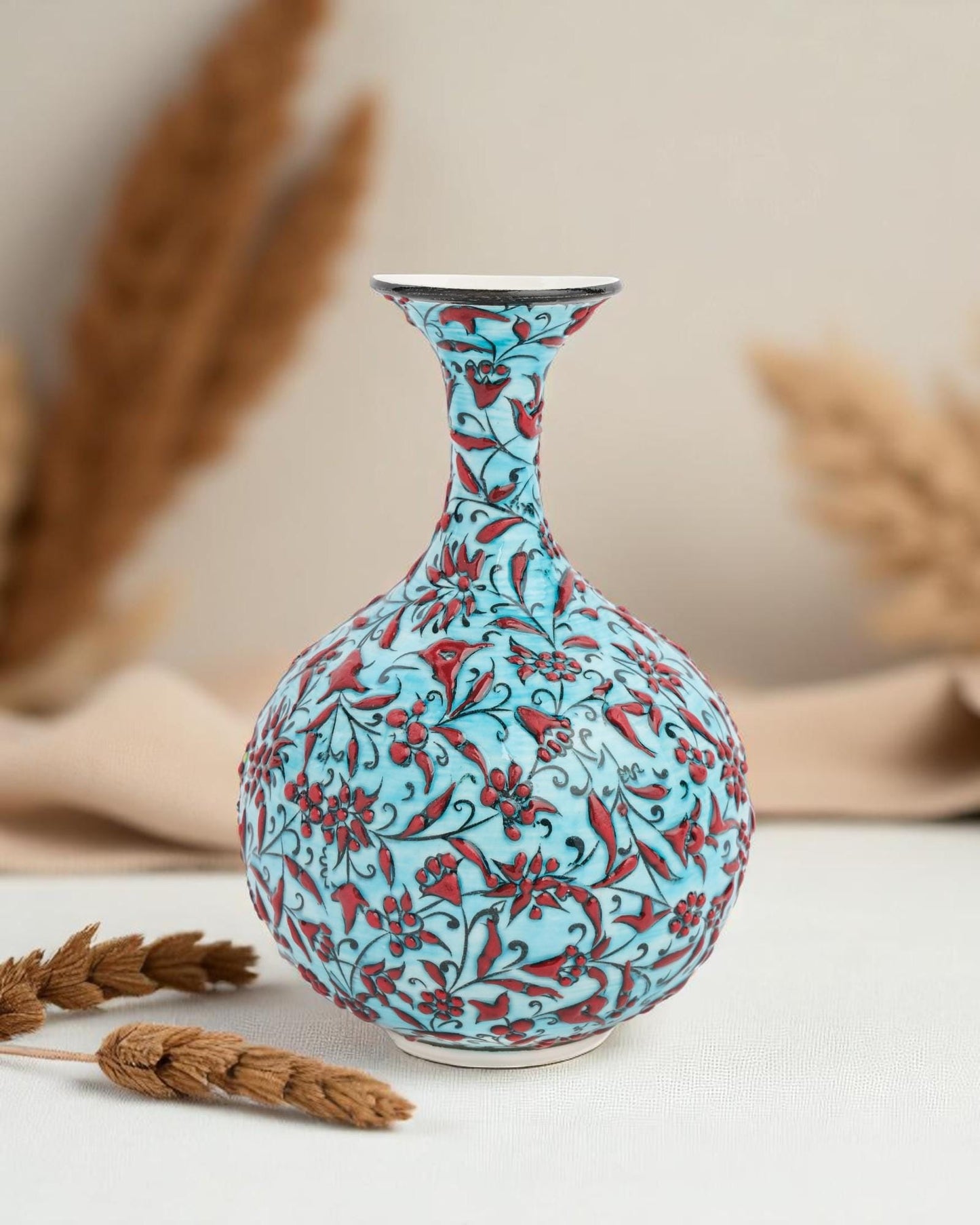 Hand-Painted Turkish Ceramic Vase: Red Floral Ottoman Decor