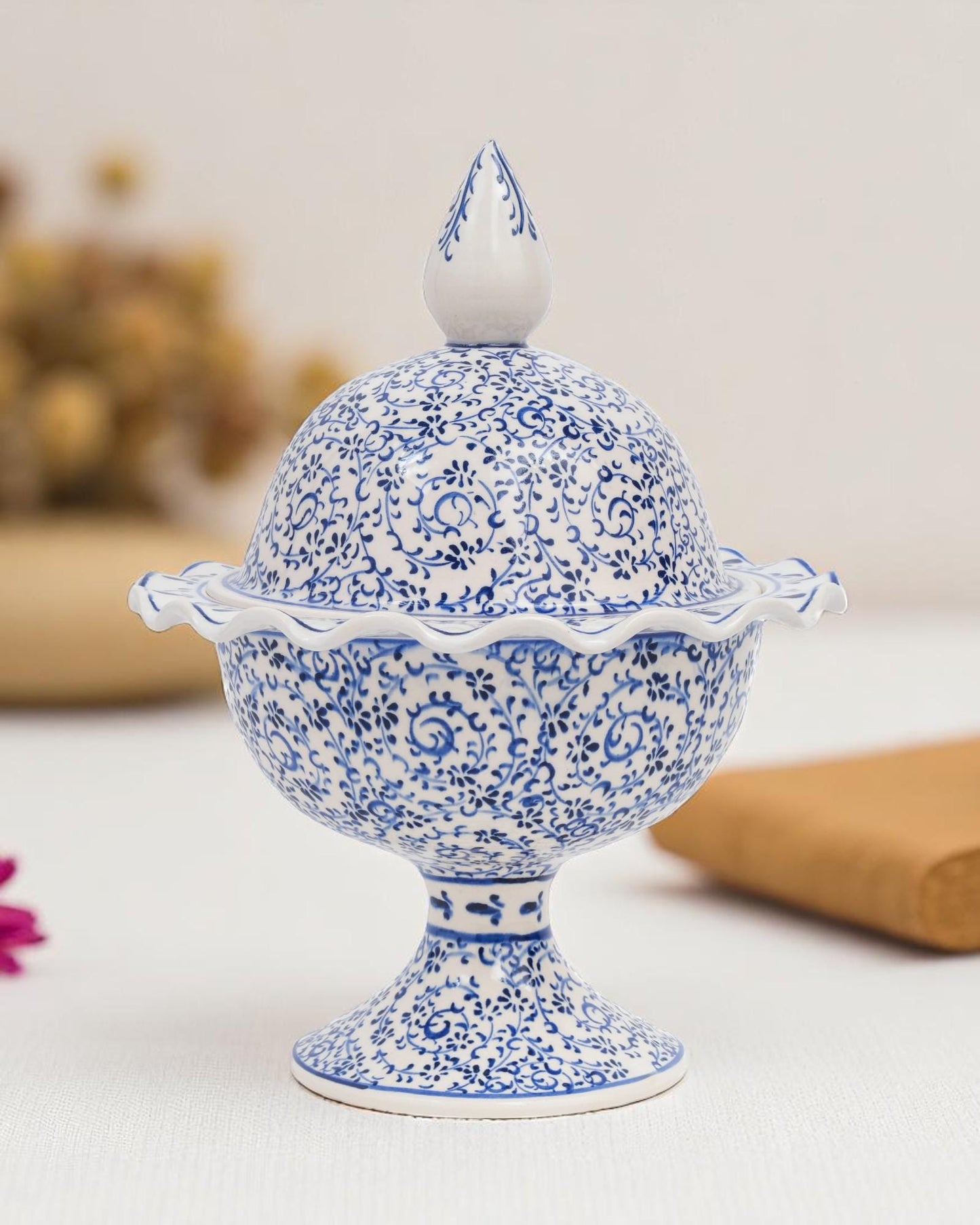 Hand Painted Turkish Ceramic Candy Dish: Ottoman Style Blue Floral Bowl