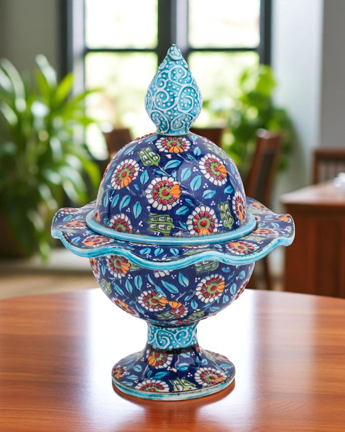 Hand Painted Turkish Ceramic Candy Dish: Ottoman Style Pedestal Bowl