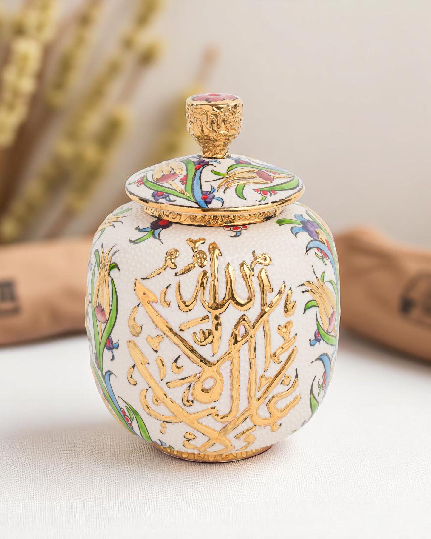 Hand Painted Turkish Ceramic Jar: 24K Gold Ottoman Calligraphy Lidded Pot
