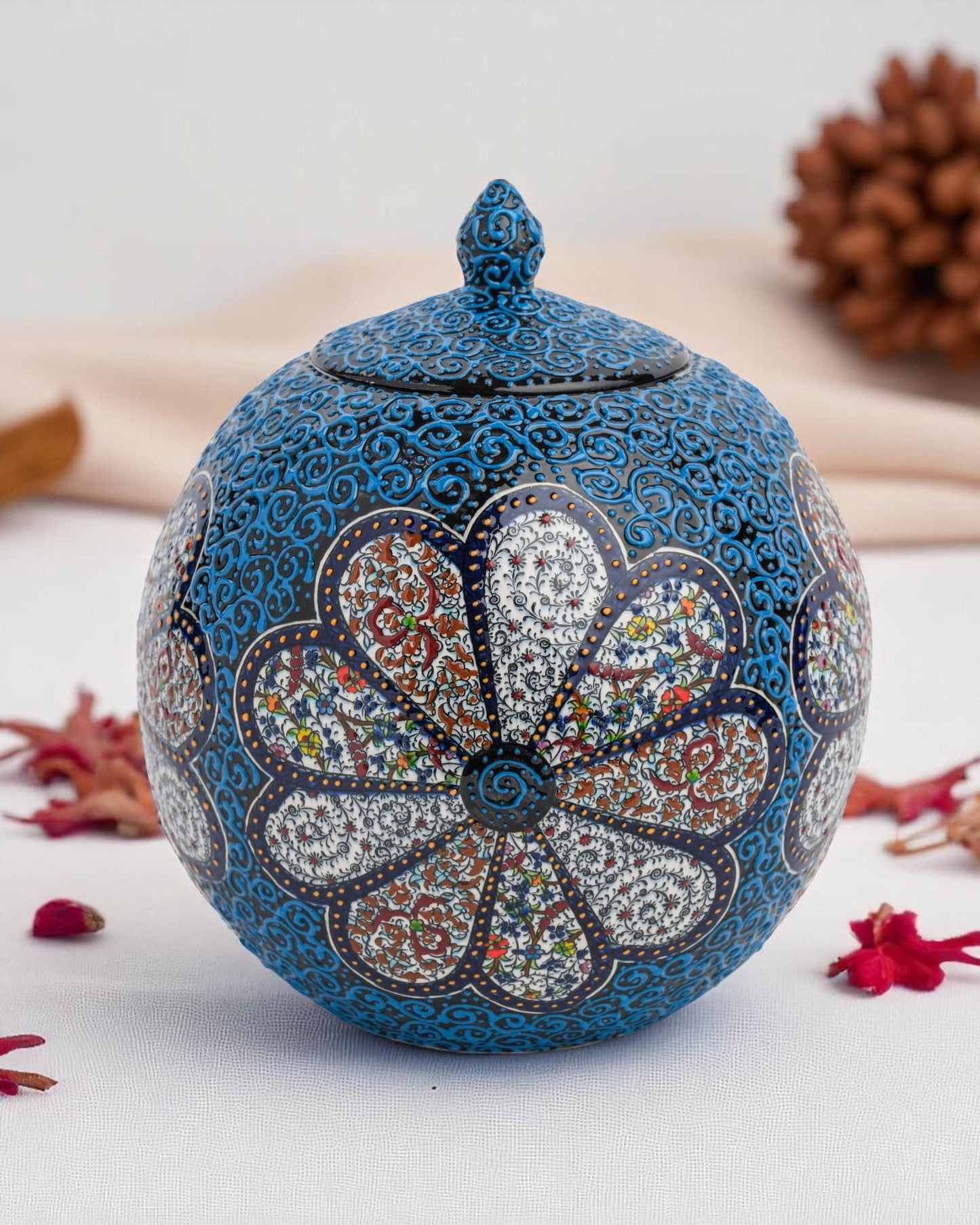 Handmade Ceramic Sphere: Blue Floral Ottoman Pottery Art
