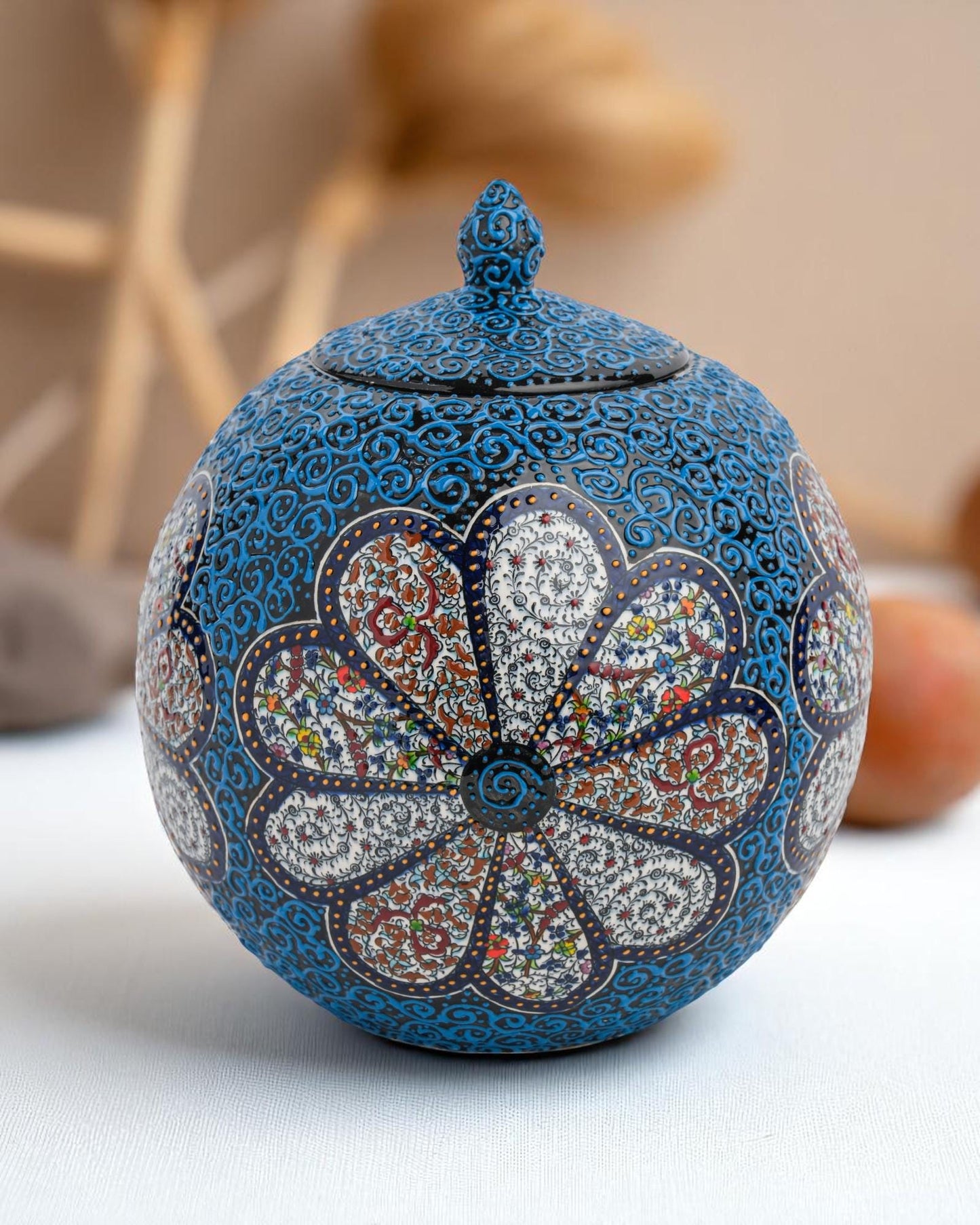 Handmade Ceramic Sphere: Blue Floral Ottoman Pottery Art