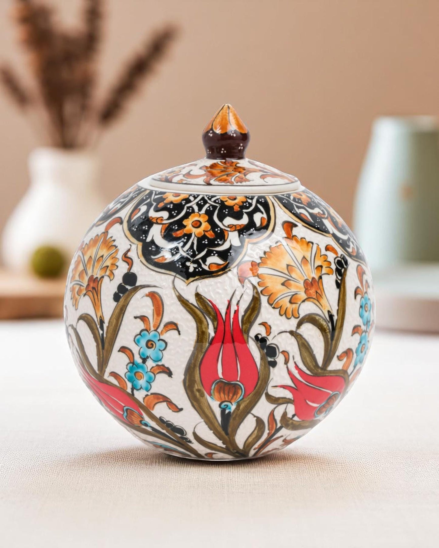 Handmade Ceramic Globe Jar: Ottoman Tulip Floral Pottery, Home Decor