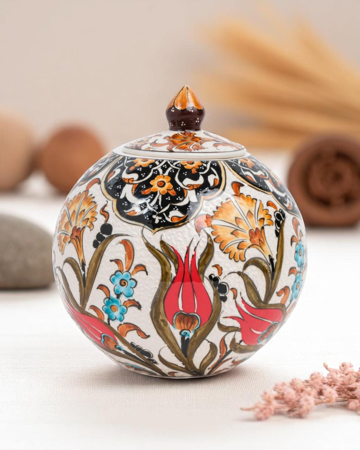 Handmade Ceramic Globe Jar: Ottoman Tulip Floral Pottery, Home Decor