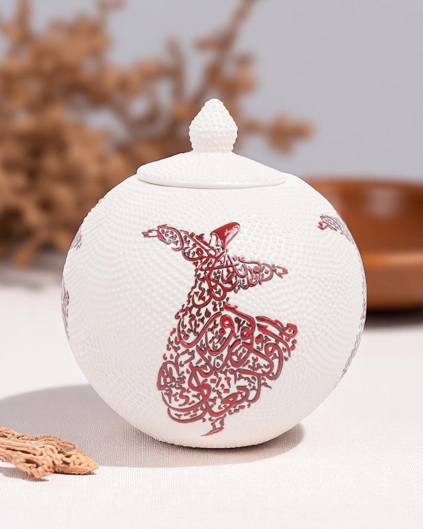 Handmade Ceramic Globe, Whirling Dervish Motif, Blue Calligraphy Art, Islamic Pottery Decor, Spiritual Gift