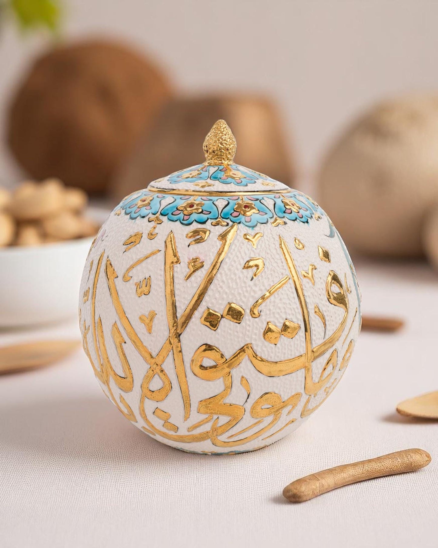 24K Gold Arabic Calligraphy Ceramic Globe: Islamic Art Decor