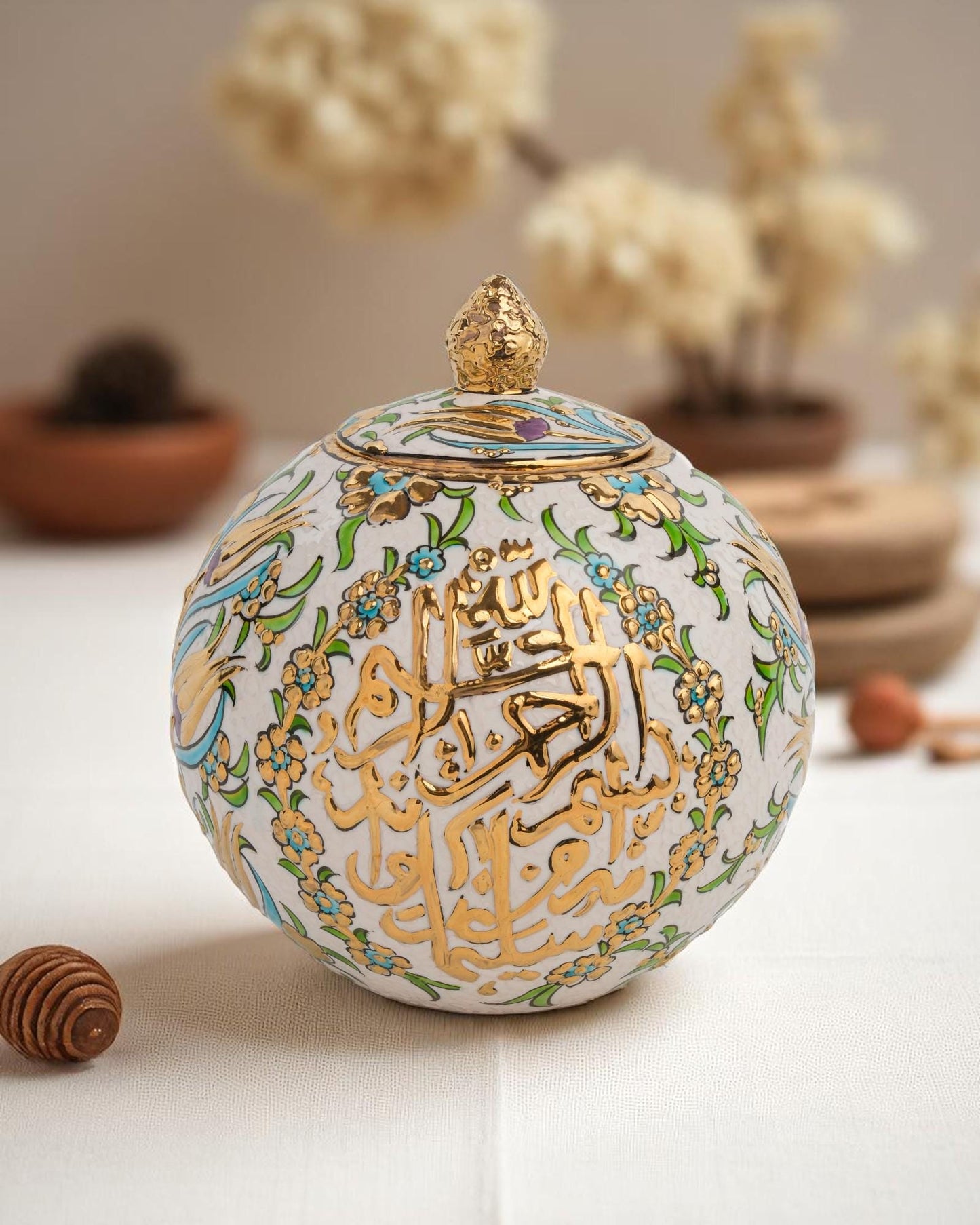 24K Gold Islamic Calligraphy Ceramic Globe: Ottoman Floral Pottery
