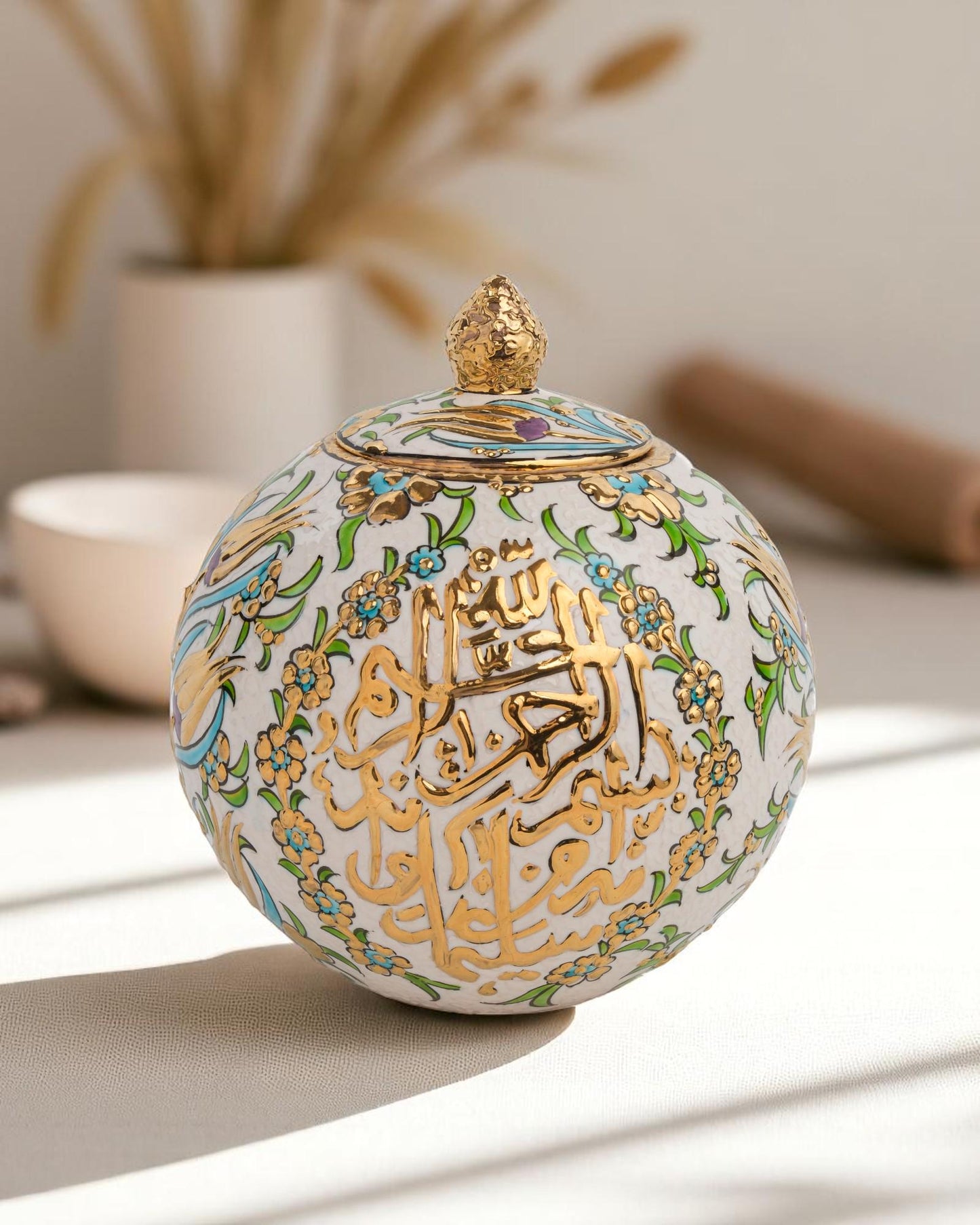 24K Gold Islamic Calligraphy Ceramic Globe: Ottoman Floral Pottery