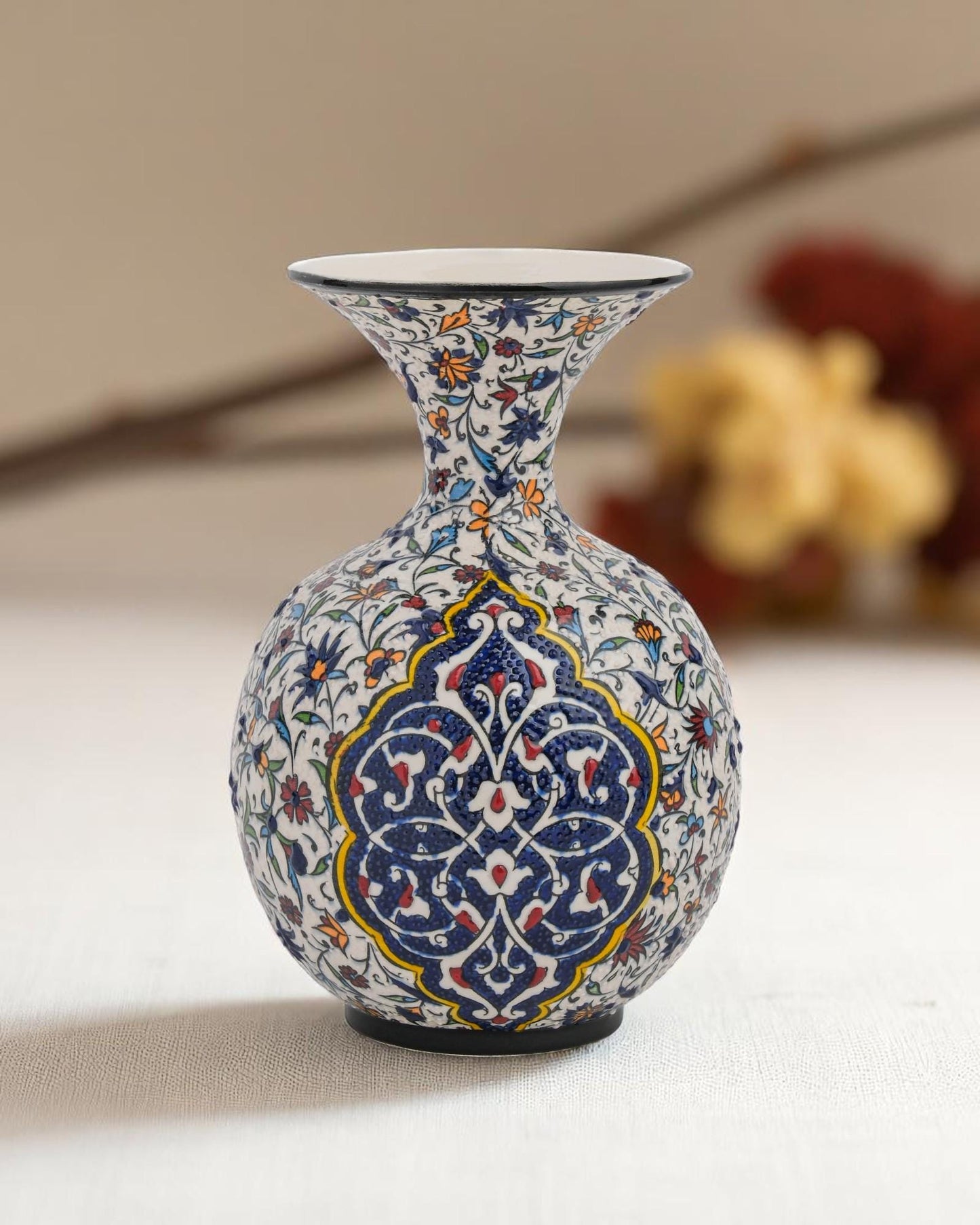 Handmade Iznik Ceramic Vase: Turkish Floral Pottery, Blue & Red