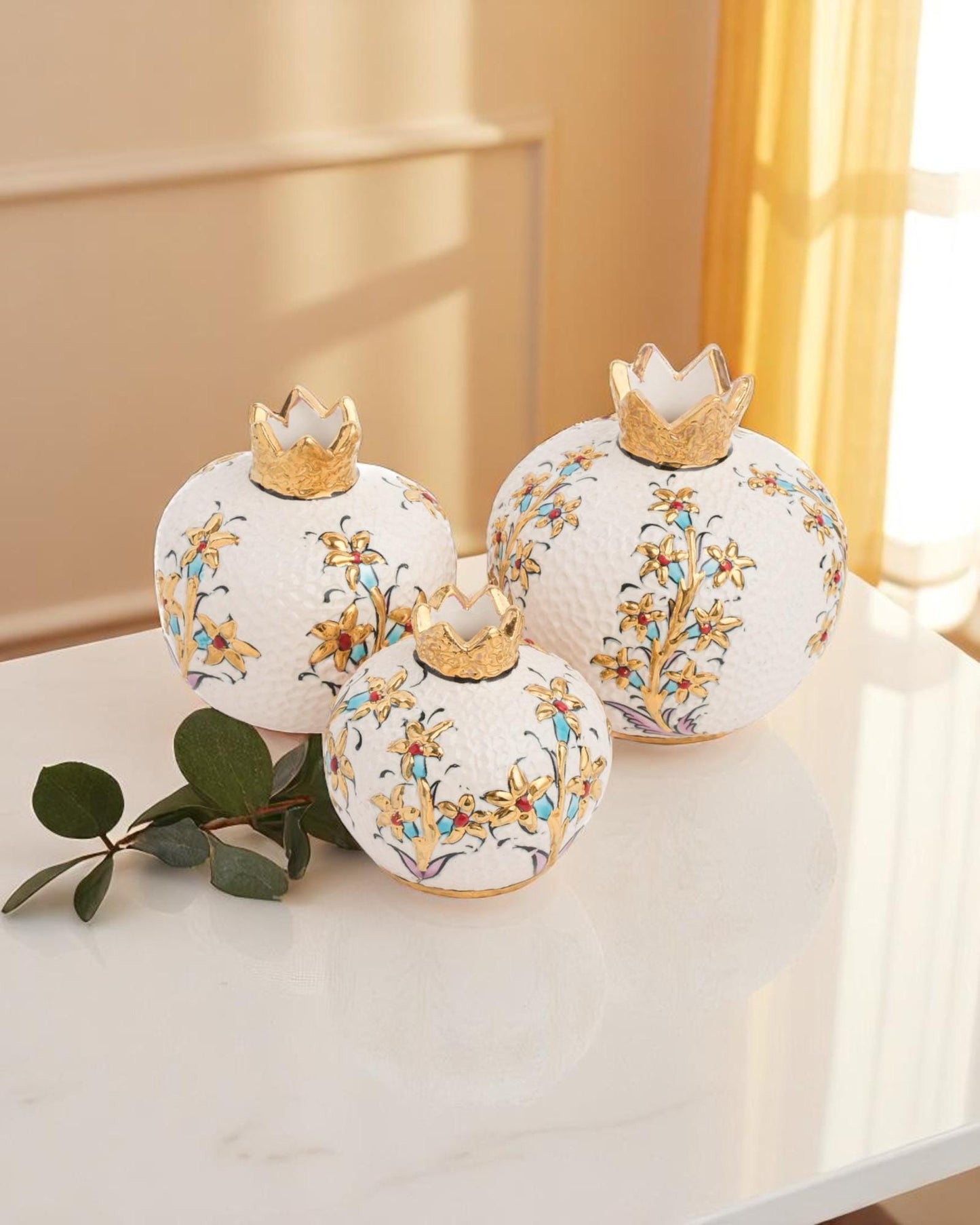 24K Gold Pomegranate Set, Signed 3-Piece Ceramic Decor, Luxury Symbol of Abundance