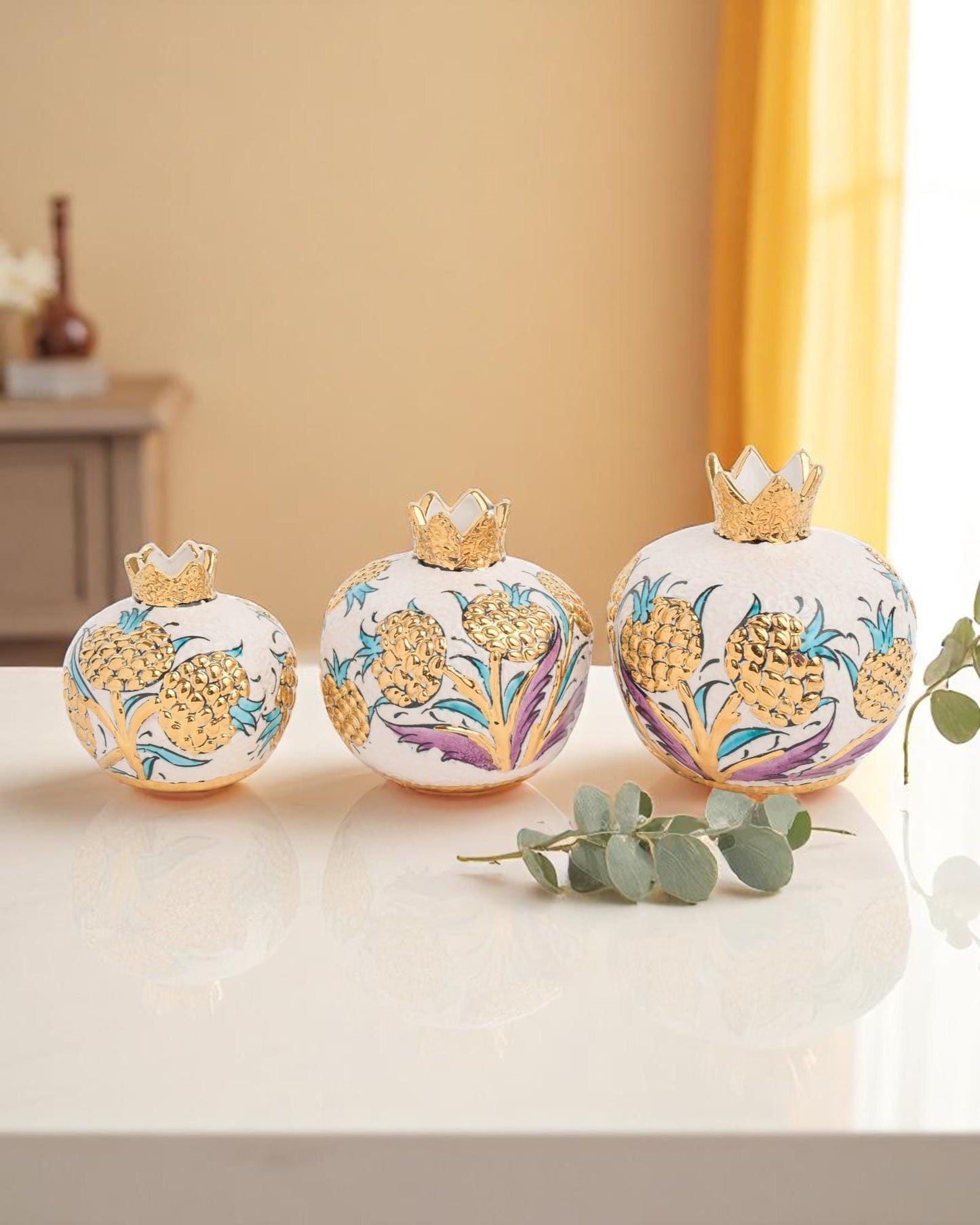 24K Gold Ceramic Pomegranate Set: Turkish Pottery Home Decor