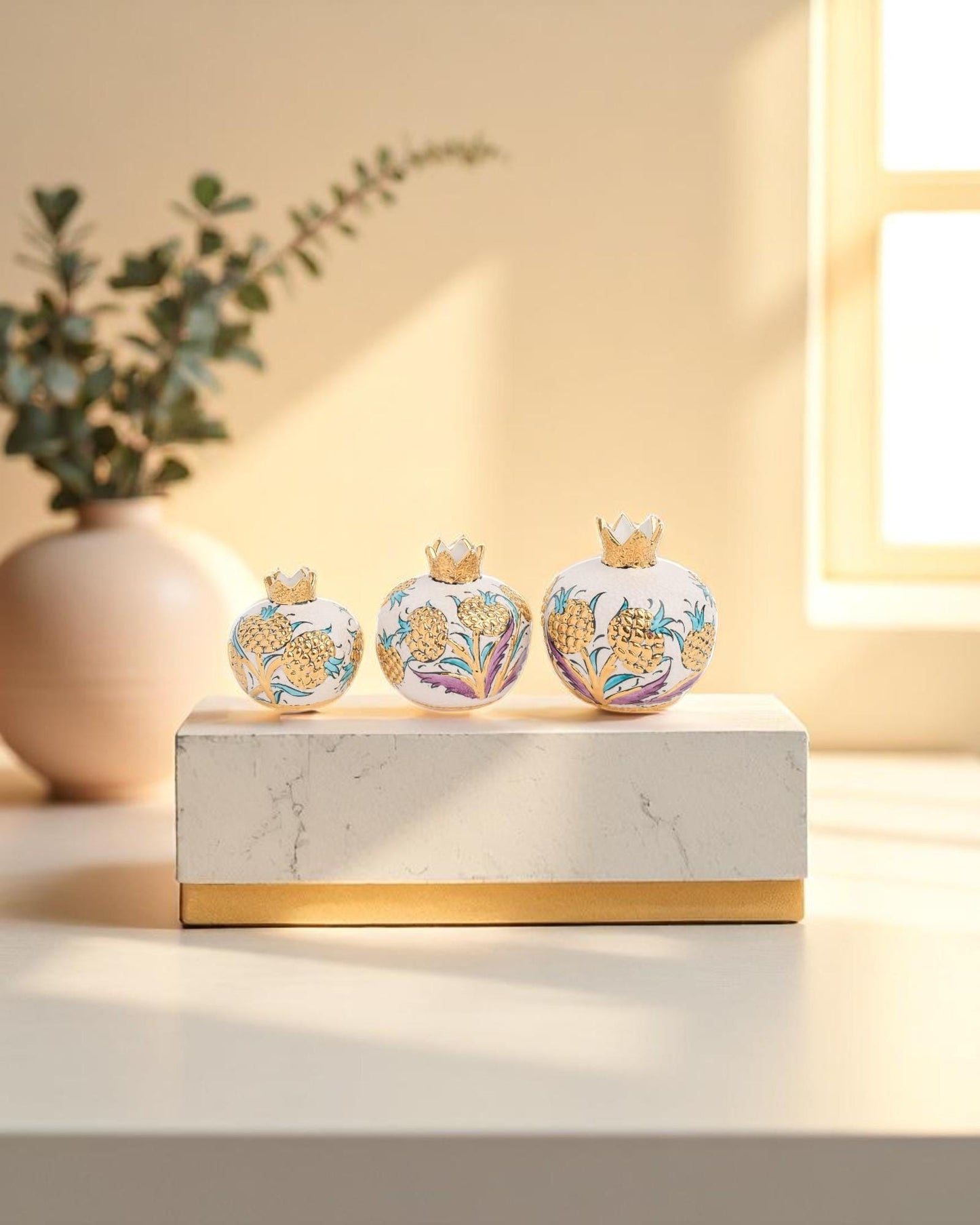24K Gold Ceramic Pomegranate Set: Turkish Pottery Home Decor