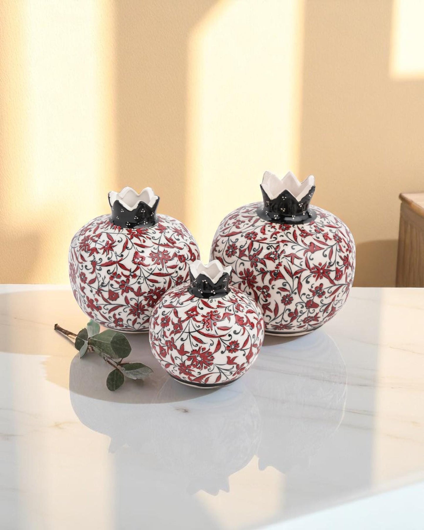 Handmade Ceramic Pomegranate Set: Turkish Iznik Style Floral Decor