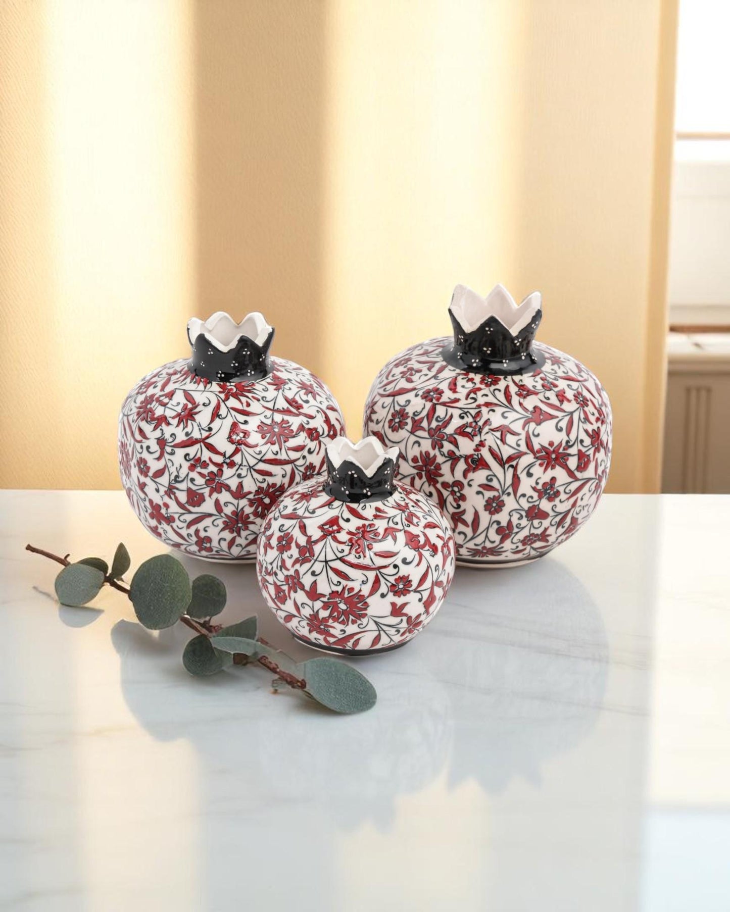 Handmade Ceramic Pomegranate Set: Turkish Iznik Style Floral Decor