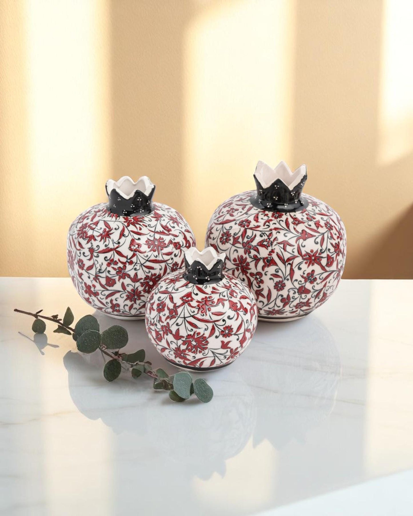 Handmade Ceramic Pomegranate Set: Turkish Iznik Style Floral Decor