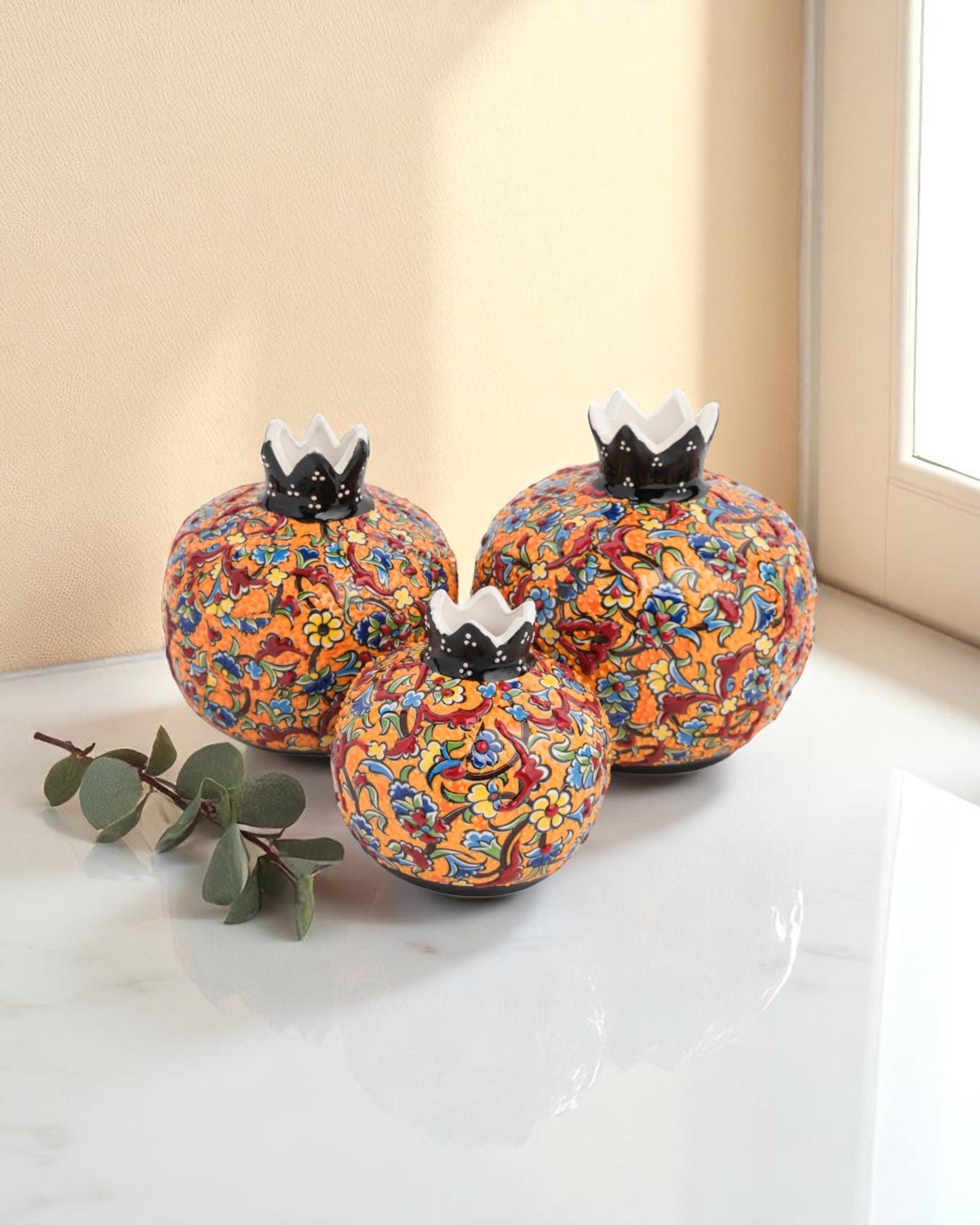 Handmade Ceramic Pomegranate Set, Turkish Iznik Pottery, Boho Home Decor Gift