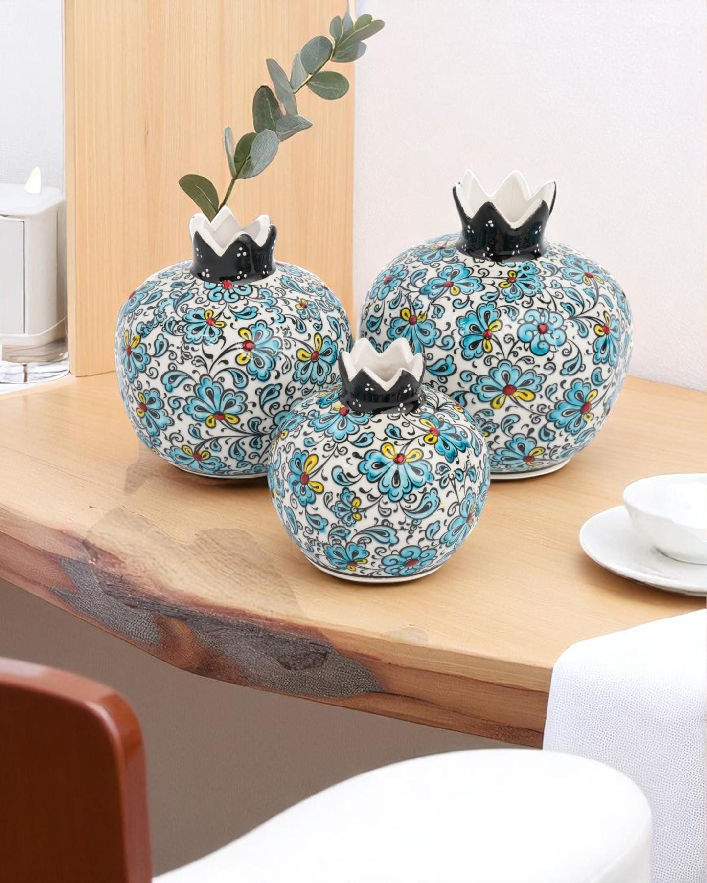 Ceramic Pomegranate Set of 3: Turkish Iznik Floral Decor