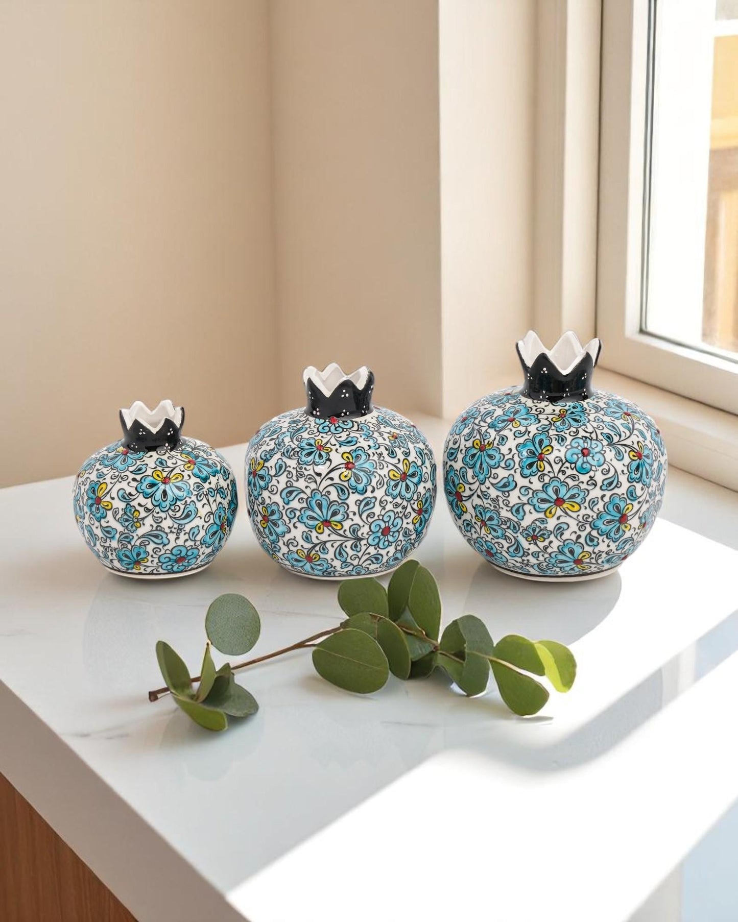 Ceramic Pomegranate Set of 3: Turkish Iznik Floral Decor
