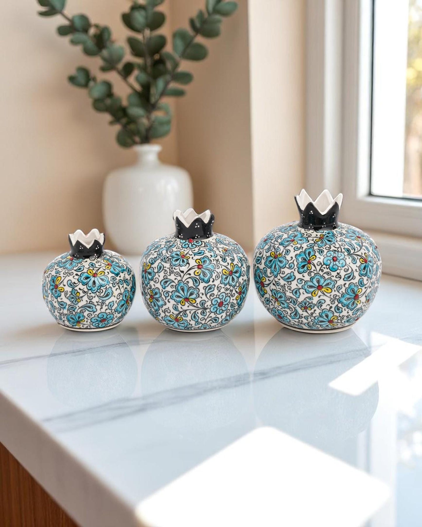 Ceramic Pomegranate Set of 3: Turkish Iznik Floral Decor