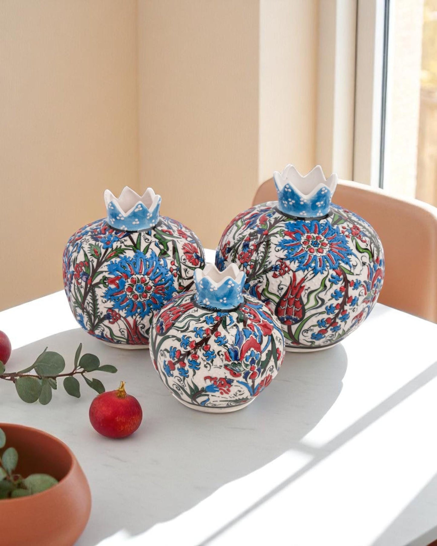 Ceramic Pomegranate Set of 3: Turkish Iznik Pottery Home Decor