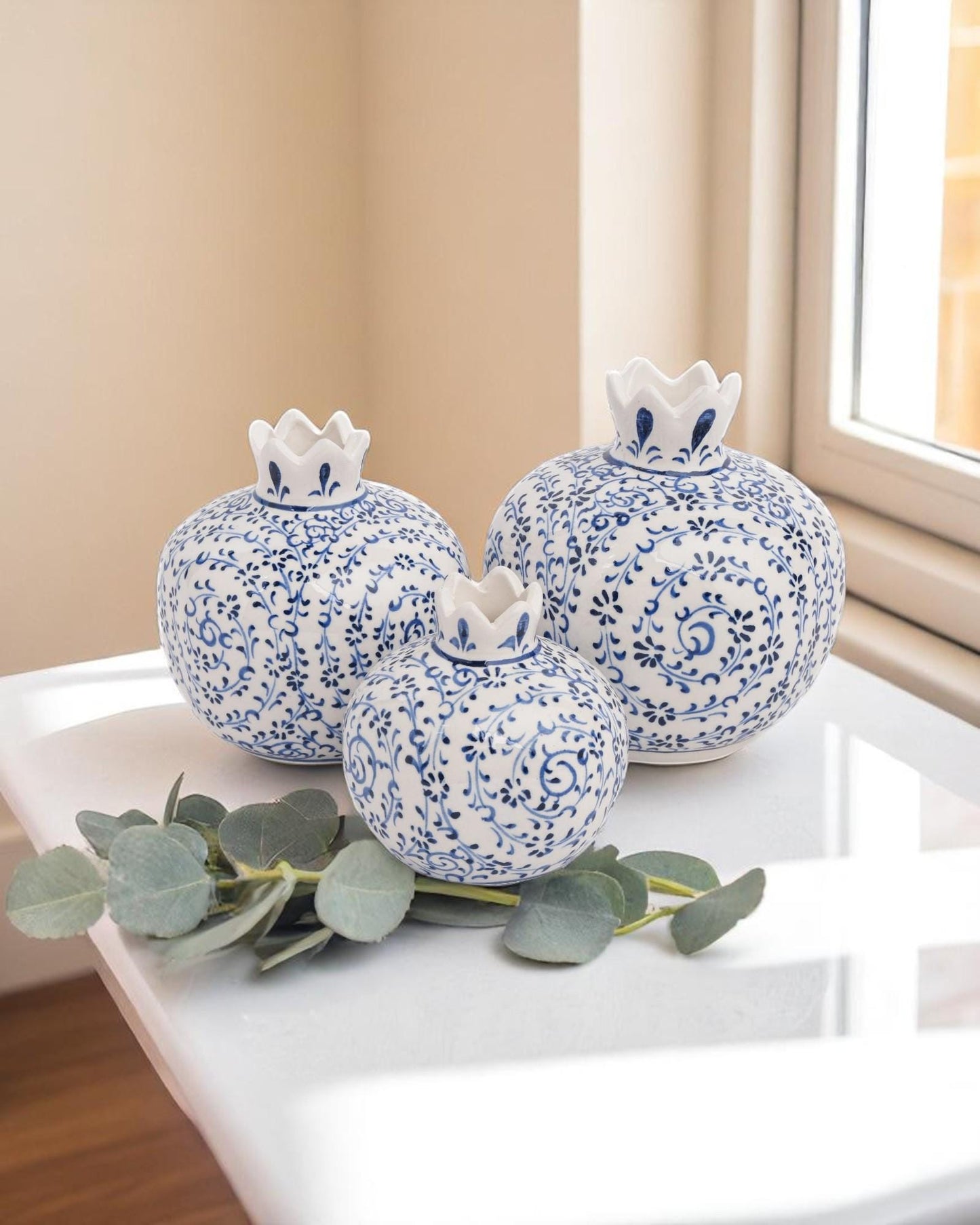 Ceramic Pomegranate Set of 3: White & Blue Iznik Style Pottery