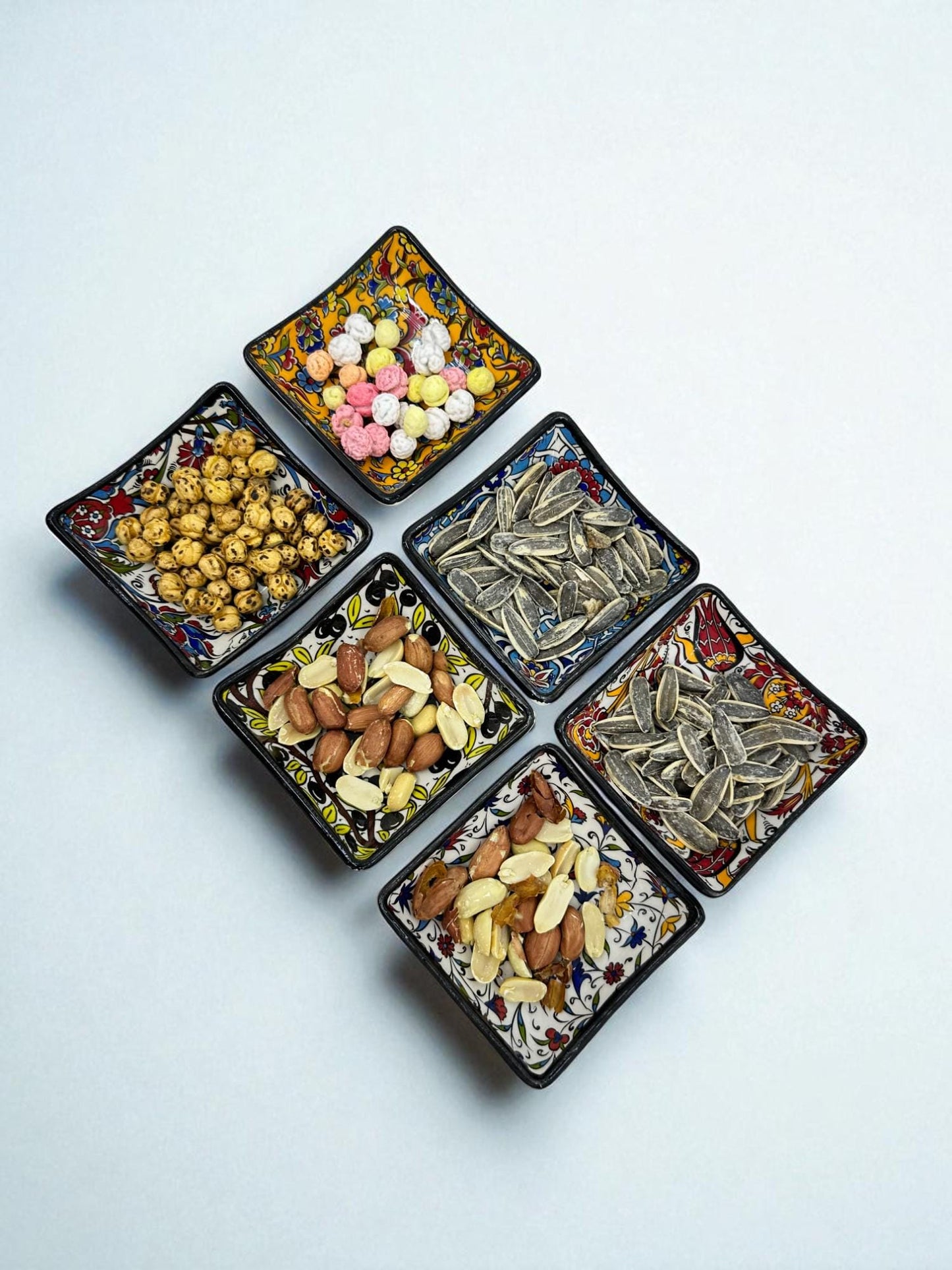 Turkish Ceramic Mini Bowls Set of 6, 4” Square Dipping Bowls, 10x10 cm Snack Nut Dishes, Iznik Floral Appetizer Condiment Dish, Housewarming