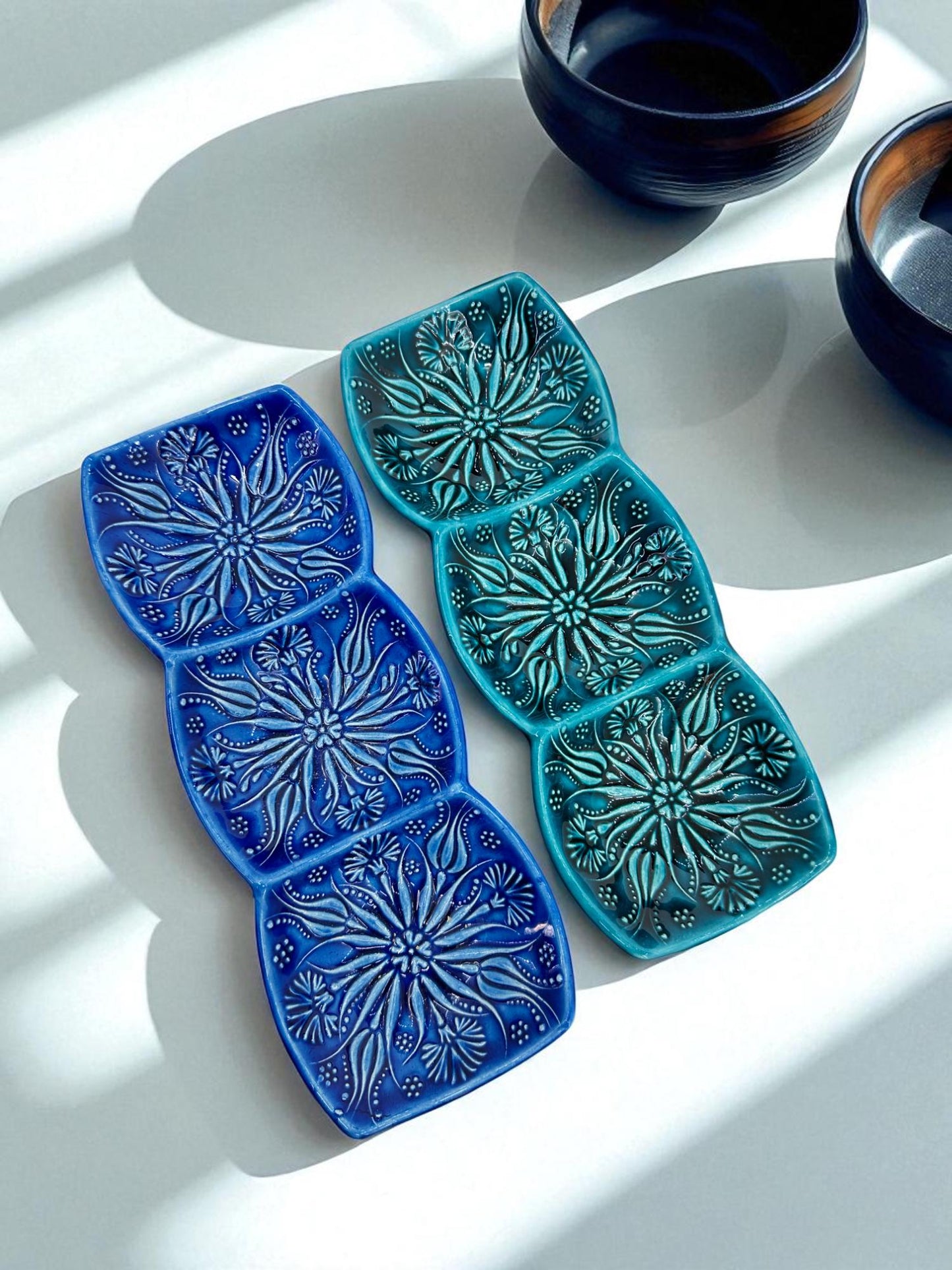 Turkish Ceramic 3-Section Serving Dish, 24 cm Triple Snack Tray, Meze Condiment Server,Blue & Turquoise Dipping Bowls,Appetizer Relish Plate