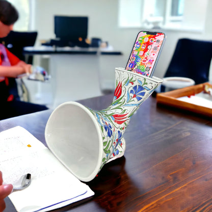 Handmade Ceramic Gramophone Speaker Amplifier – Floral Pottery Music Box, Unique Phone Amplifier, Ideal Birthday Gift