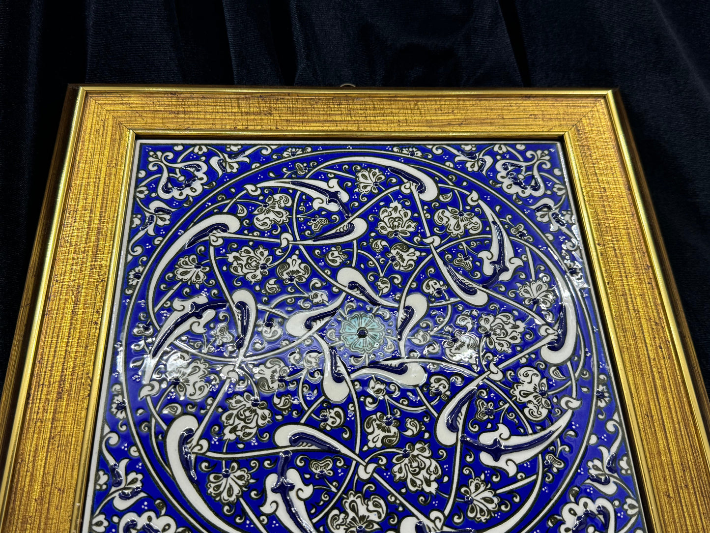 Handmade Blue Floral Ceramic Tile Wall Art – Framed Turkish Pottery Hanging Decor, Ideal Housewarming Gift