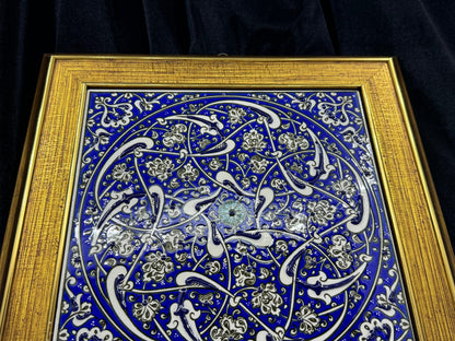 Handmade Blue Floral Ceramic Tile Wall Art – Framed Turkish Pottery Hanging Decor, Ideal Housewarming Gift