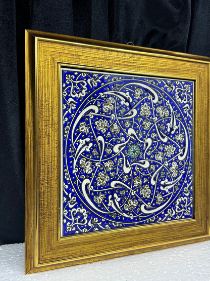 Handmade Blue Floral Ceramic Tile Wall Art – Framed Turkish Pottery Hanging Decor, Ideal Housewarming Gift