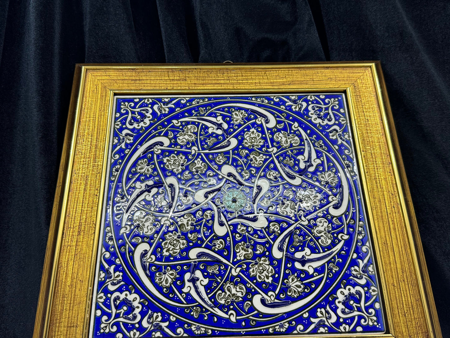 Handmade Blue Floral Ceramic Tile Wall Art – Framed Turkish Pottery Hanging Decor, Ideal Housewarming Gift