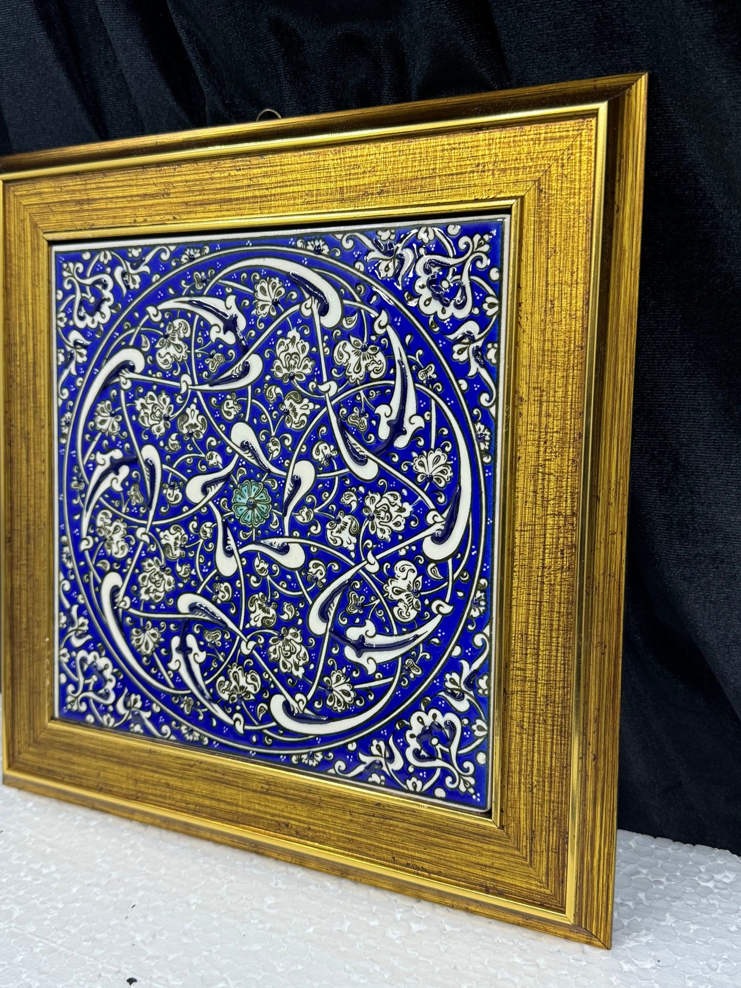 Handmade Blue Floral Ceramic Tile Wall Art – Framed Turkish Pottery Hanging Decor, Ideal Housewarming Gift