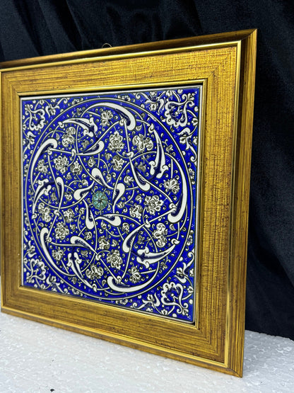 Handmade Blue Floral Ceramic Tile Wall Art – Framed Turkish Pottery Hanging Decor, Ideal Housewarming Gift