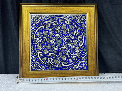 Handmade Blue Floral Ceramic Tile Wall Art – Framed Turkish Pottery Hanging Decor, Ideal Housewarming Gift