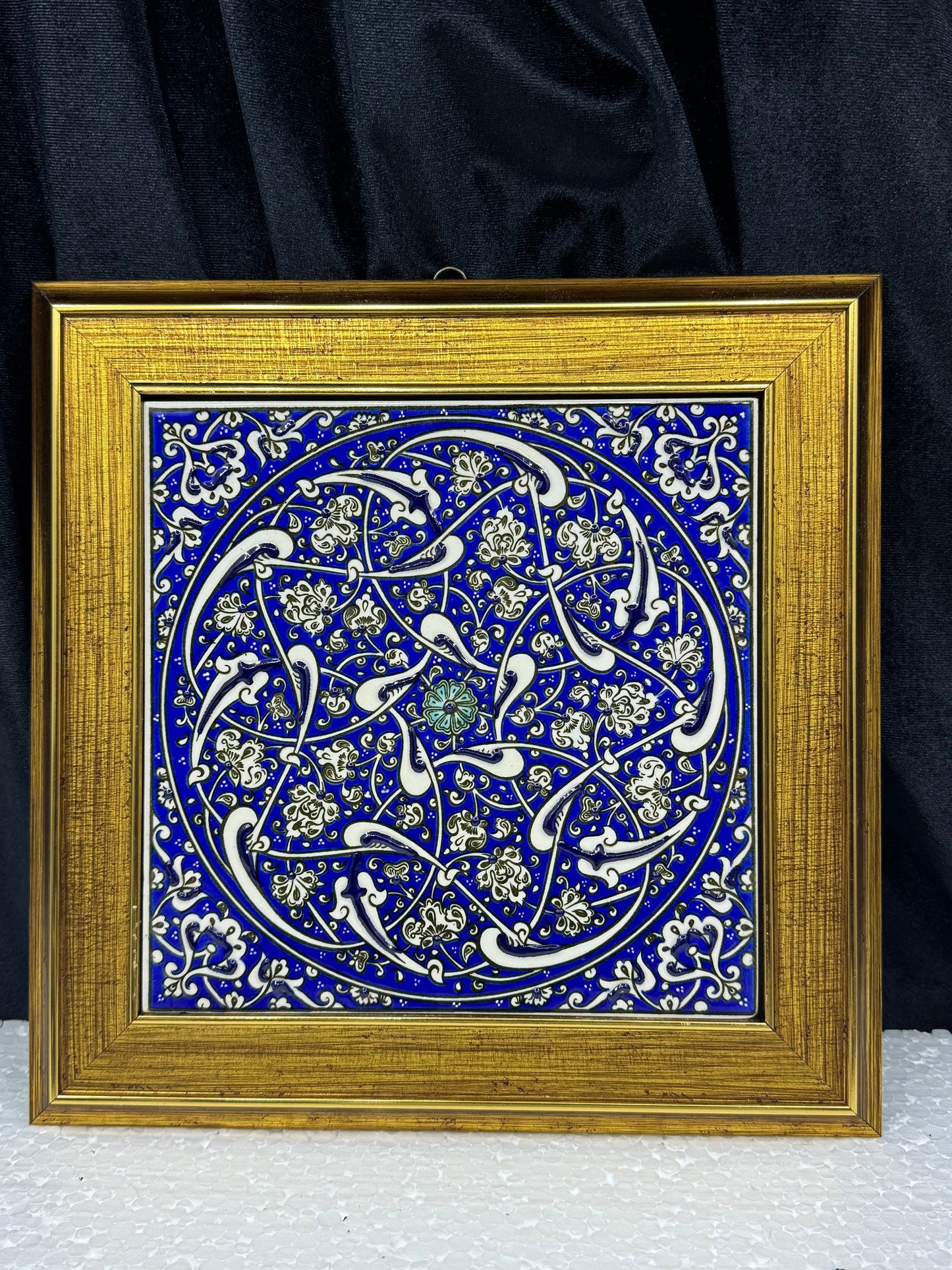 Handmade Blue Floral Ceramic Tile Wall Art – Framed Turkish Pottery Hanging Decor, Ideal Housewarming Gift