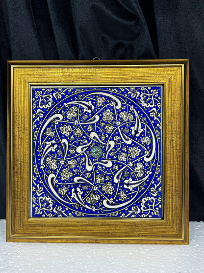 Handmade Blue Floral Ceramic Tile Wall Art – Framed Turkish Pottery Hanging Decor, Ideal Housewarming Gift