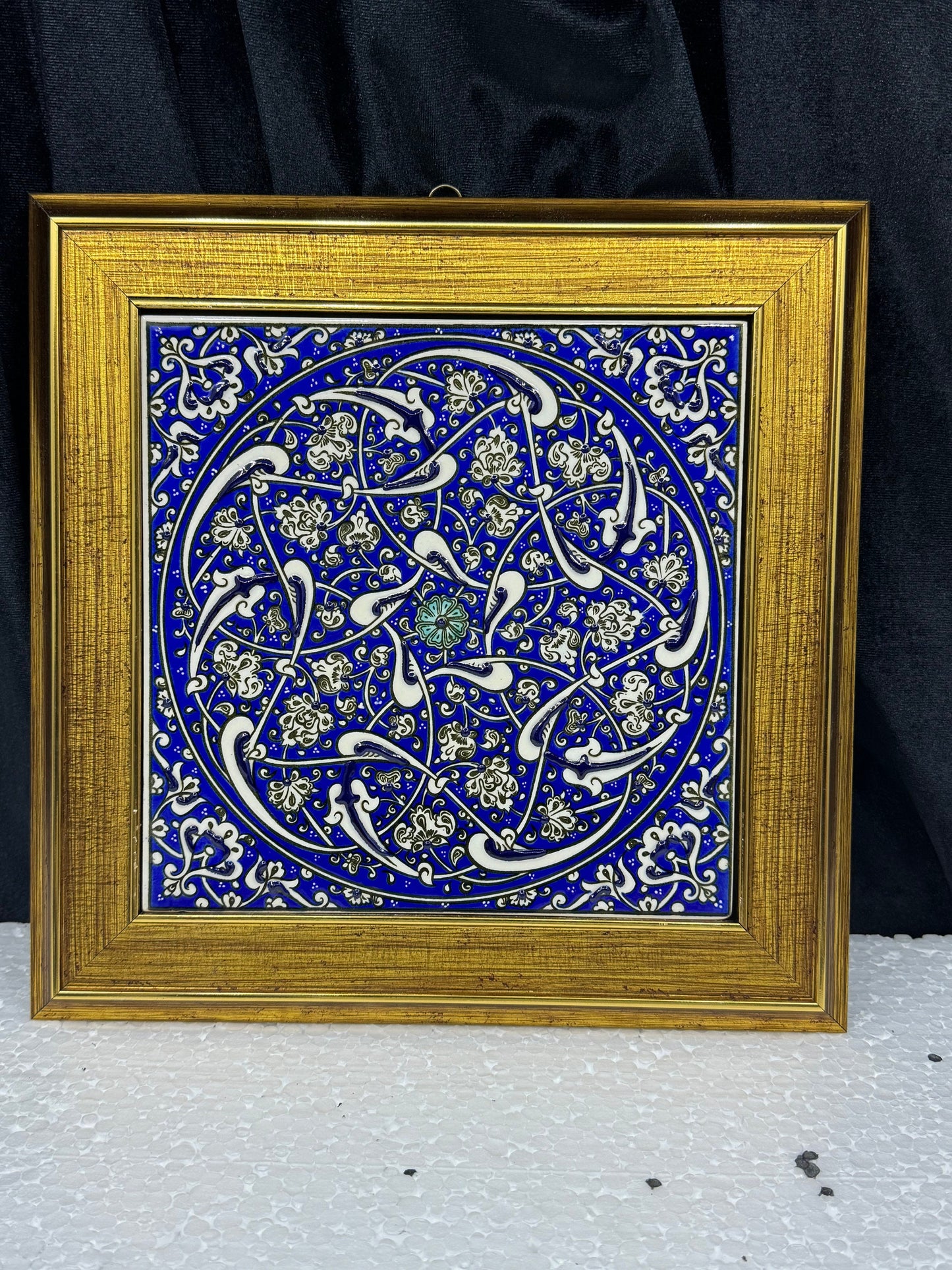 Handmade Blue Floral Ceramic Tile Wall Art – Framed Turkish Pottery Hanging Decor, Ideal Housewarming Gift
