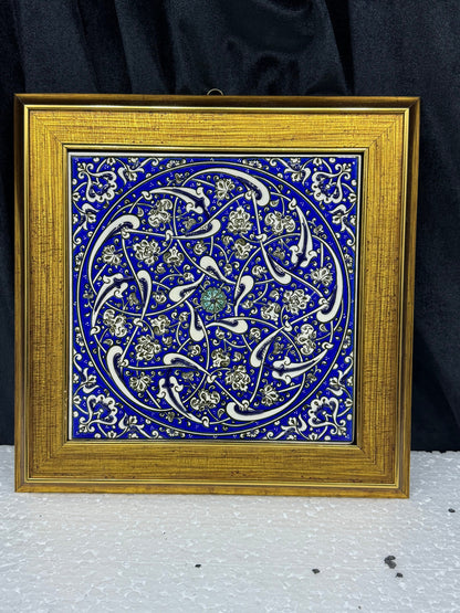 Handmade Blue Floral Ceramic Tile Wall Art – Framed Turkish Pottery Hanging Decor, Ideal Housewarming Gift