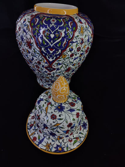 handmade ceramic vase,turkish vase with lid,ottoman ceramic vase,embossed floral vase,home decor vase,gift for her,12 inch vase