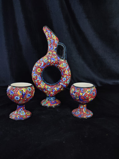 Colorful Turkish Ceramic Pitcher Set, Hand Painted Drinkware Set, Ottoman Style Tray & Cups, Boho Home Decor, 4 Piece Gift Set