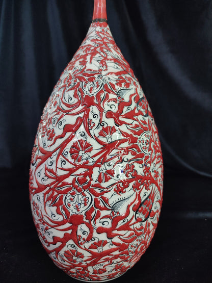 Handmade 12" Red Ceramic Vase – Glazed Embossed Floral Design, Traditional Decorative Pottery, Ideal Housewarming Gift