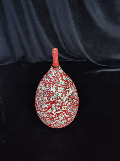 Handmade 12" Red Ceramic Vase – Glazed Embossed Floral Design, Traditional Decorative Pottery, Ideal Housewarming Gift