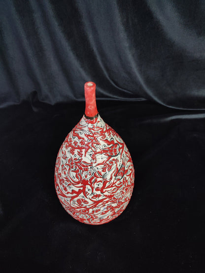Handmade 12" Red Ceramic Vase – Glazed Embossed Floral Design, Traditional Decorative Pottery, Ideal Housewarming Gift