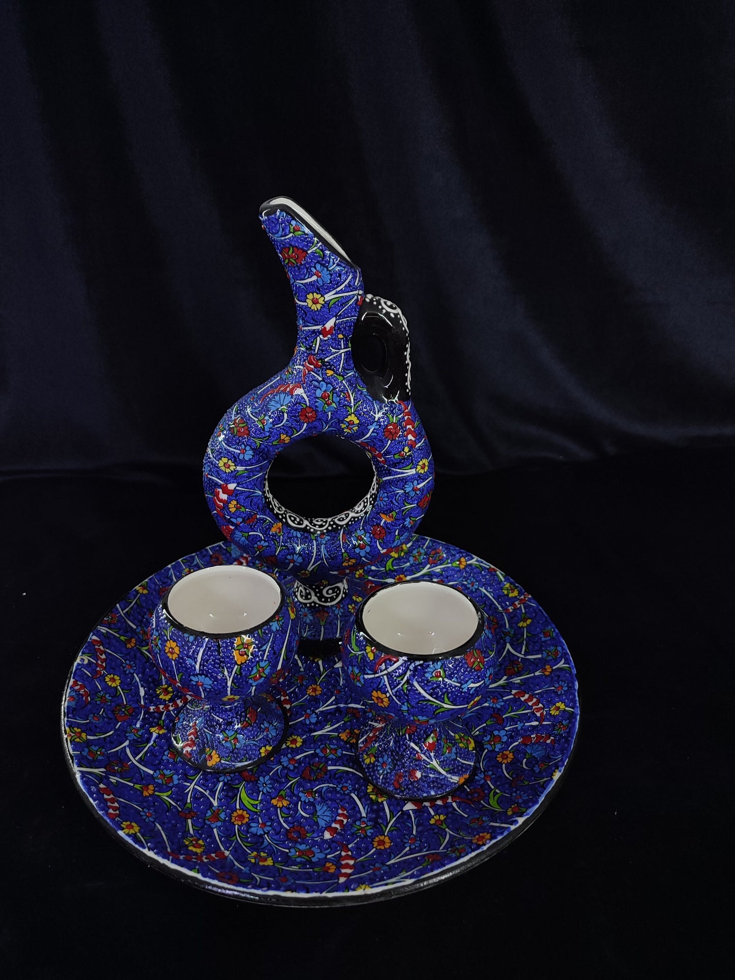 Blue Turkish Ceramic Drinkware Set, Handmade Pitcher & Cups with Tray, Embossed Floral Design, Anatolian Pottery, Decorative Gift Set