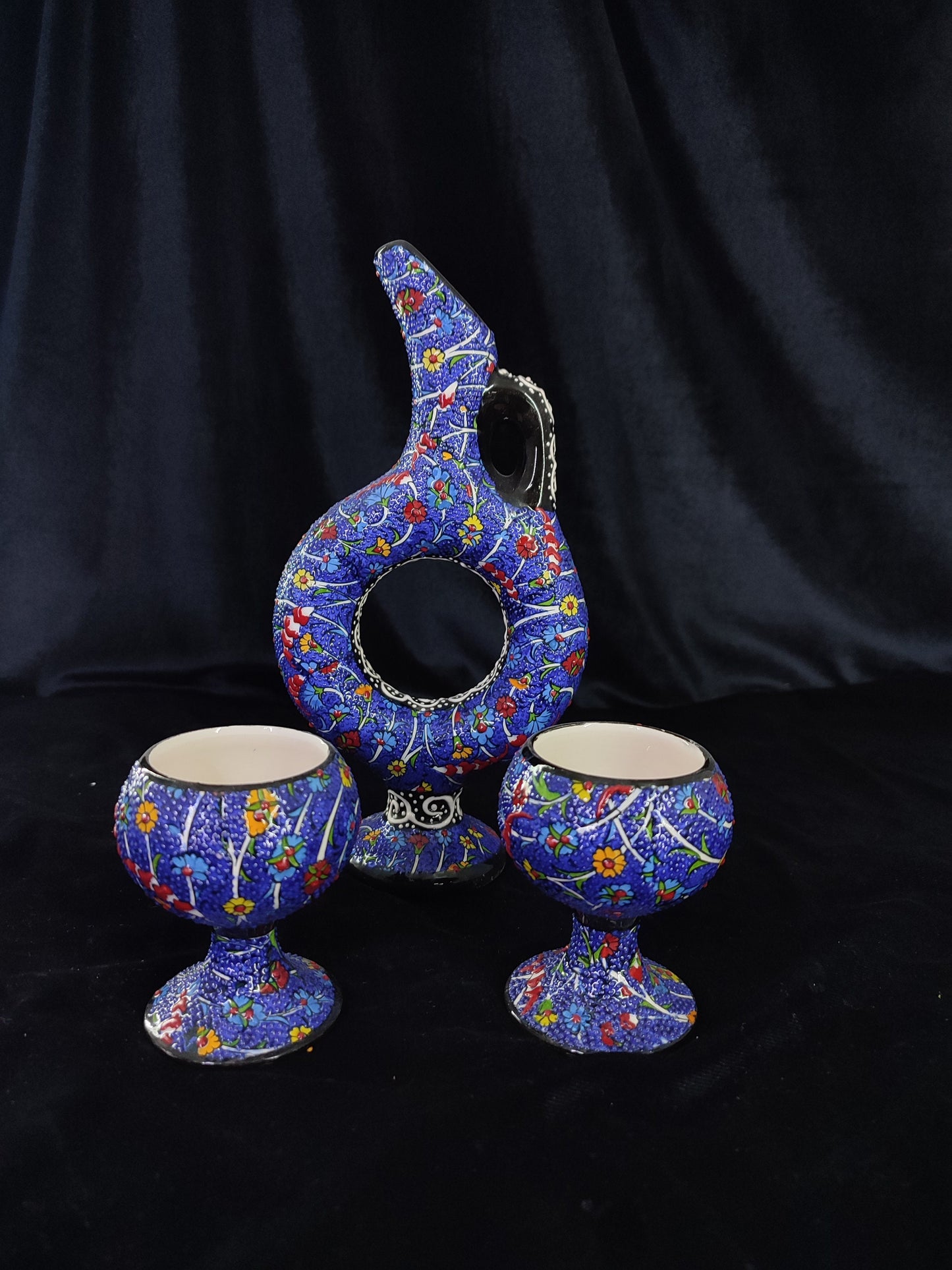 Blue Turkish Ceramic Drinkware Set, Handmade Pitcher & Cups with Tray, Embossed Floral Design, Anatolian Pottery, Decorative Gift Set