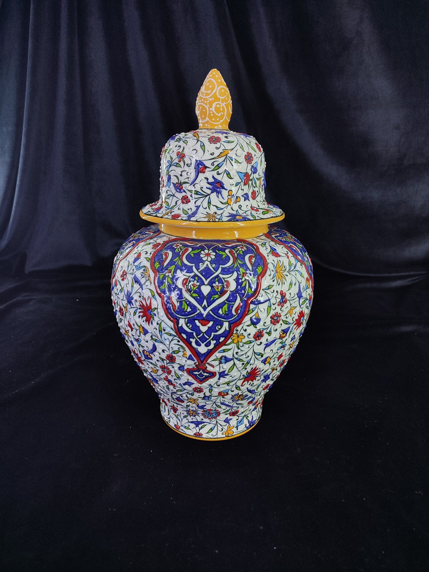 handmade ceramic vase,turkish vase with lid,ottoman ceramic vase,embossed floral vase,home decor vase,gift for her,12 inch vase