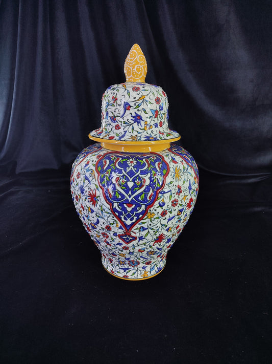 handmade ceramic vase,turkish vase with lid,ottoman ceramic vase,embossed floral vase,home decor vase,gift for her,12 inch vase