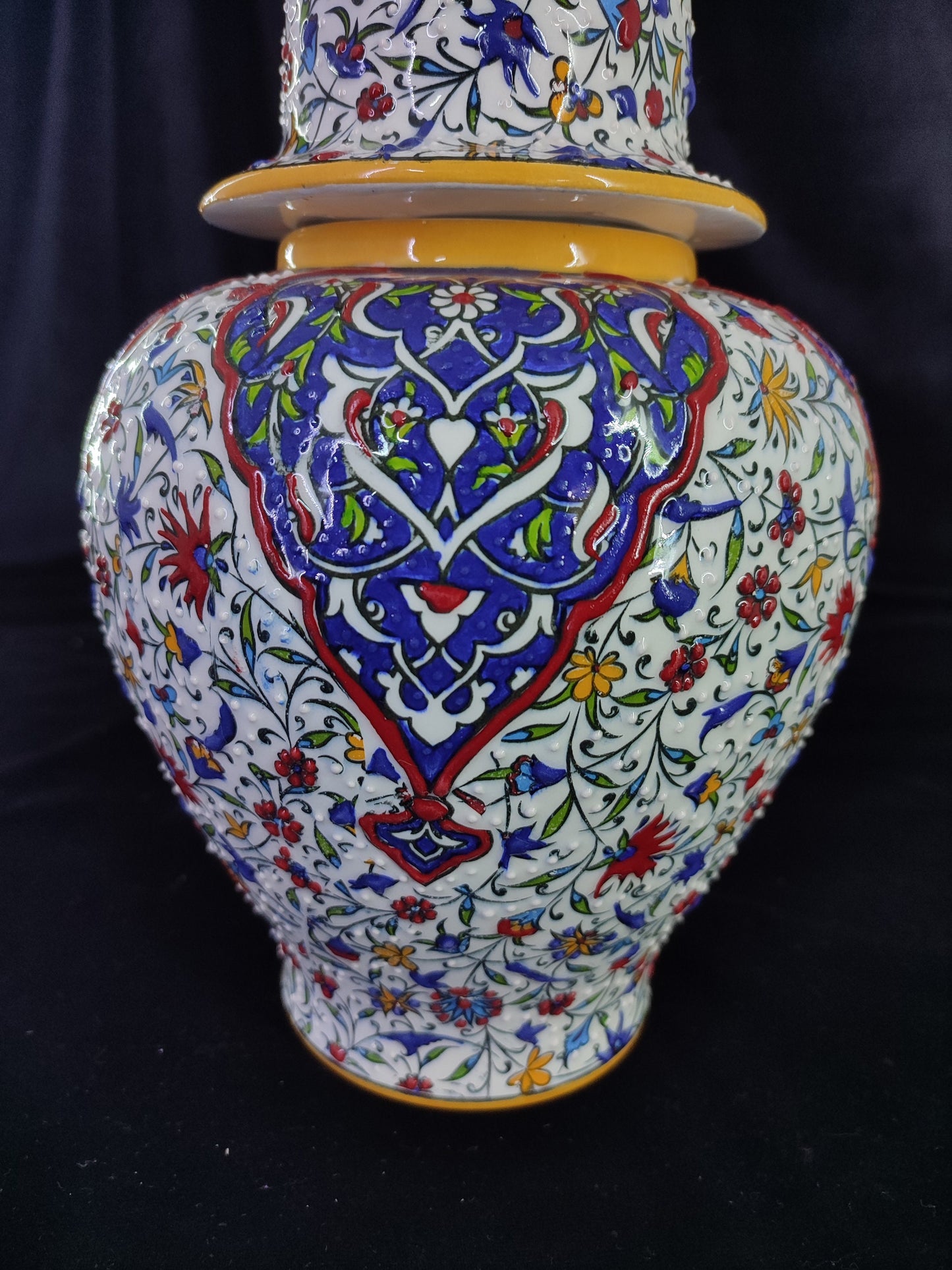 handmade ceramic vase,turkish vase with lid,ottoman ceramic vase,embossed floral vase,home decor vase,gift for her,12 inch vase