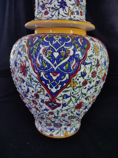 handmade ceramic vase,turkish vase with lid,ottoman ceramic vase,embossed floral vase,home decor vase,gift for her,12 inch vase